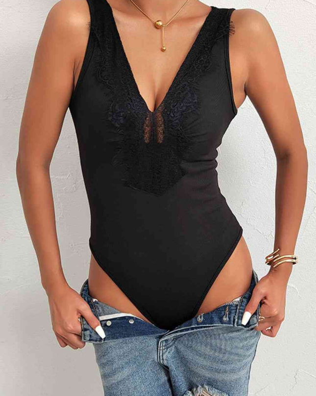 Spliced Lace Deep V Sleeveless Bodysuit