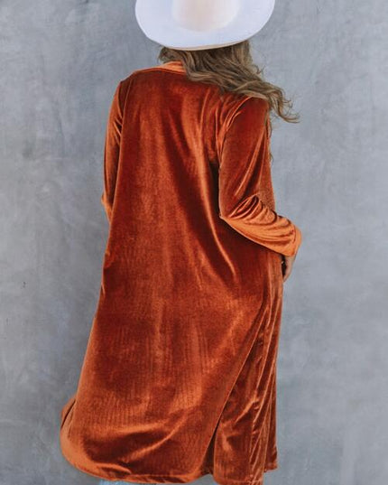 Collared Neck Longline Velvet Cardigan with Pockets