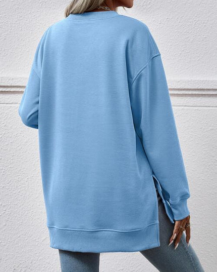 V-Neck Slit Long Sleeve Sweatshirt