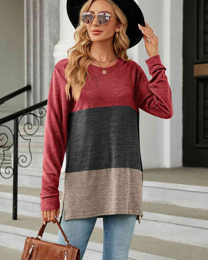 Color Block Round Neck Long Sleeve Slit T-Shirt