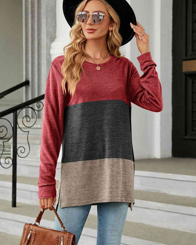 Color Block Round Neck Long Sleeve Slit T-Shirt