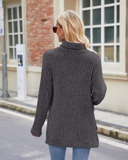 Ribbed Turtleneck Long Sleeve Slit Knit Top