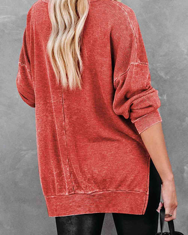Waffle Knit Side Slit Drop Shoulder Sweatshirt