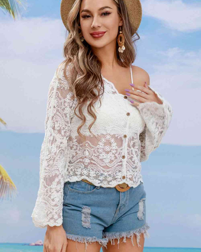 Buttoned Sheer Lace Cover Up