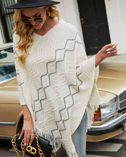 Pearl Trim V-Neck Fringe Hem Poncho