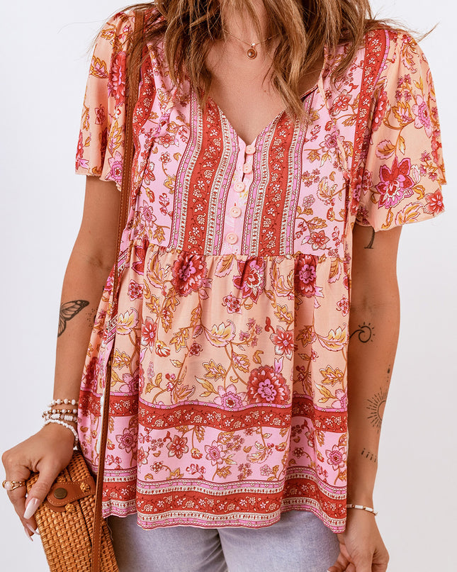 Bohemian Buttoned Short Puff Sleeve Blouse