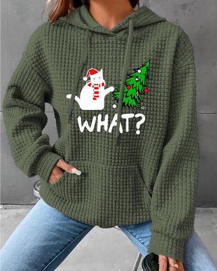Full Size WHAT Graphic Waffle-Knit Long Sleeve Drawstring Hoodie