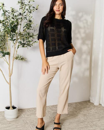 Double Take Ribbed Trim Round Neck Knit Top