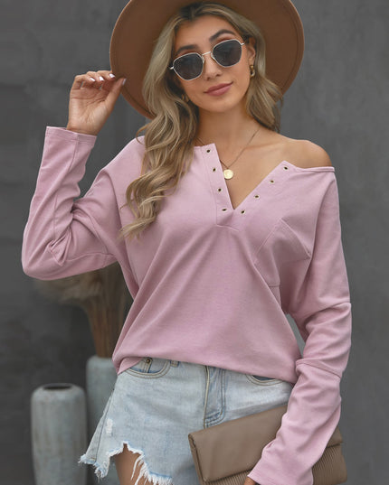 Grommet Long Sleeve V-Neck Top