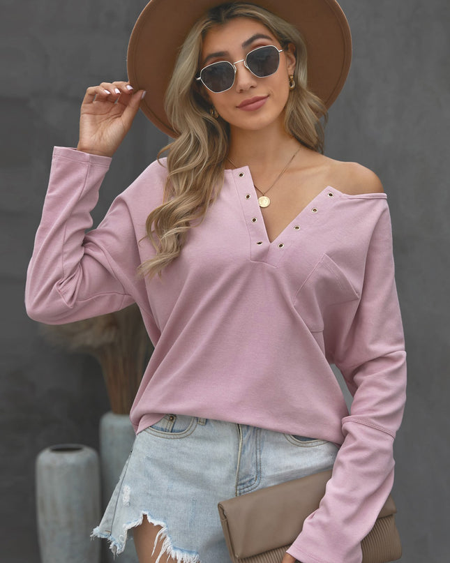 Grommet Long Sleeve V-Neck Top