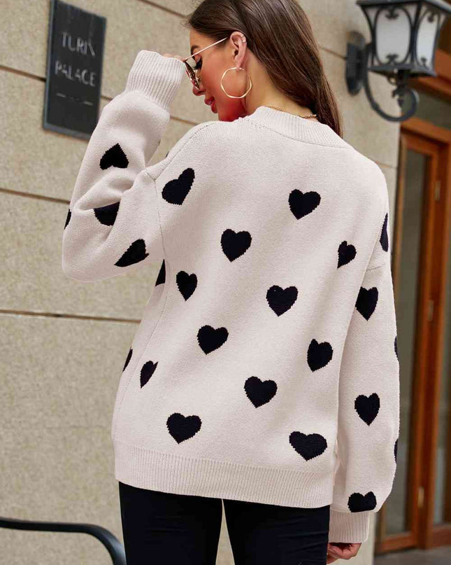 Woven Right Heart Pattern Lantern Sleeve Round Neck Tunic Sweater