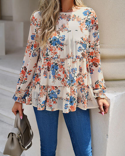 Printed Flounce Sleeve Tiered Blouse