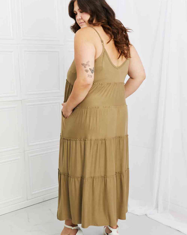 Zenana Full Size Spaghetti Strap Tiered Dress with Pockets in Khaki