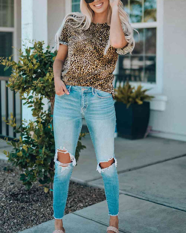 Women Leopard Short Flounce Sleeve Tee