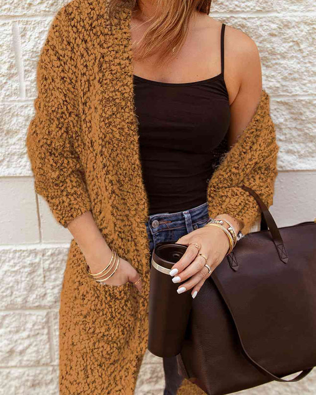 Fuzzy Popcorn Knit Open Front Longline Cardigan
