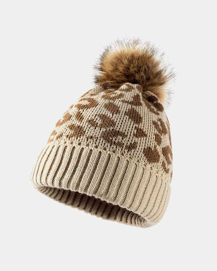 Leopard Pom-Pom Cuffed Beanie