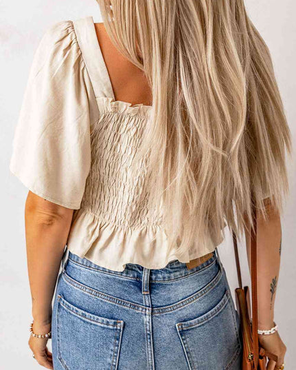 Smocked Frill Trim Peplum Top