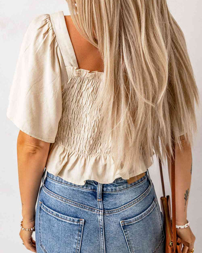 Smocked Frill Trim Peplum Top