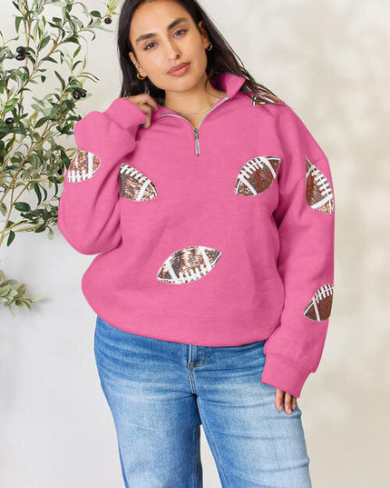 Double Take Full Size Sequin Football Half Zip Long Sleeve Sweatshirt