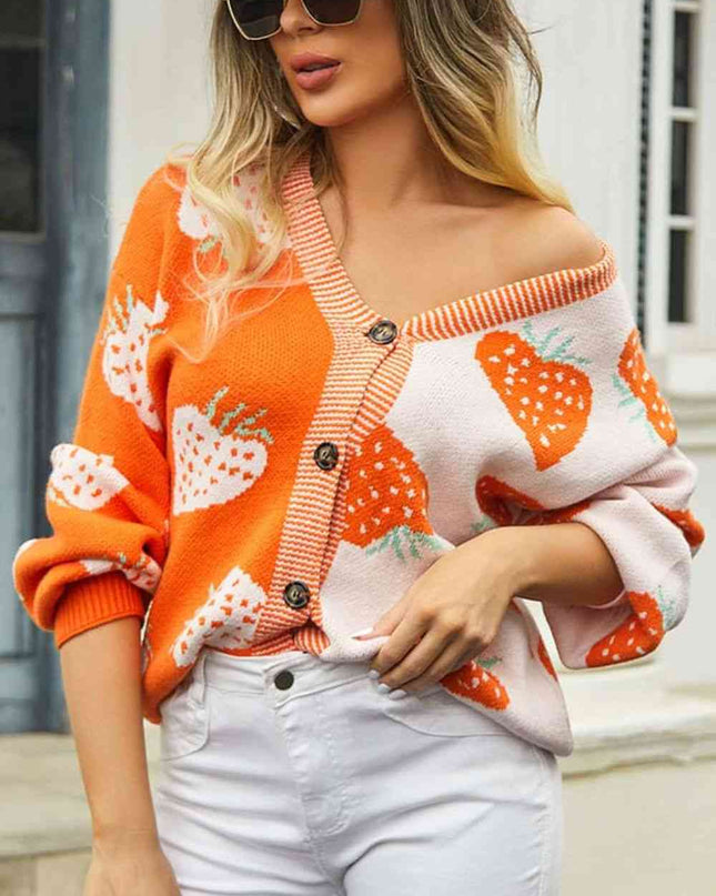 Printed V-Neck Button-Down Long Sleeve Cardigan