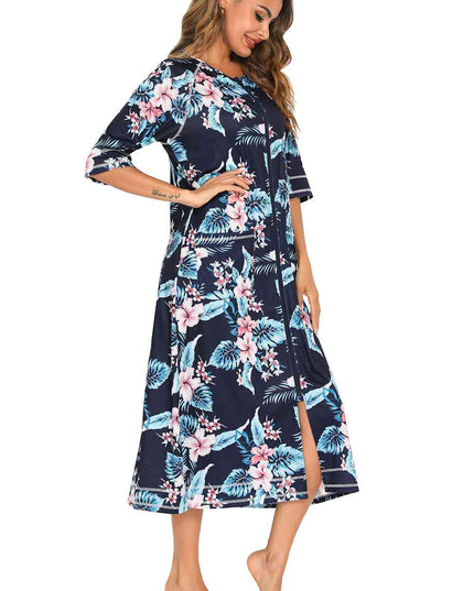 Printed Slit Night Dress with Pockets