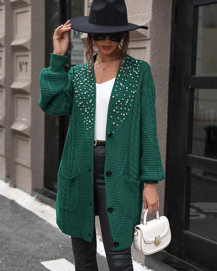 Pearl Detail Cable-Knit Button Up Cardigan