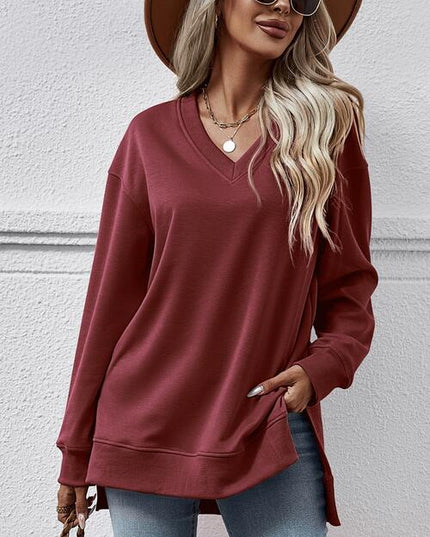 V-Neck Slit Long Sleeve Sweatshirt