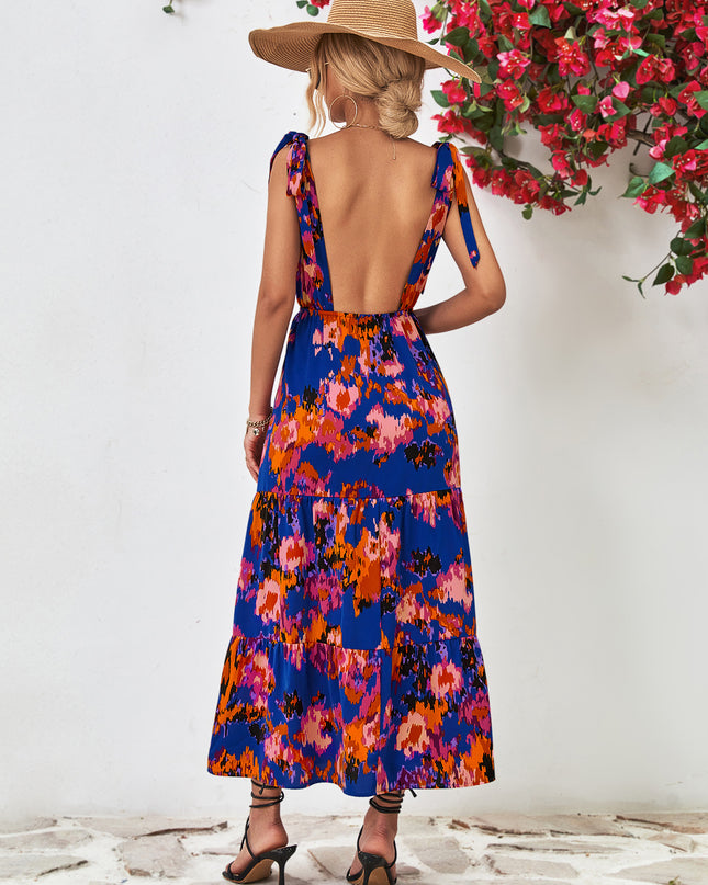 Multicolored V-Neck Backless Midi Dress