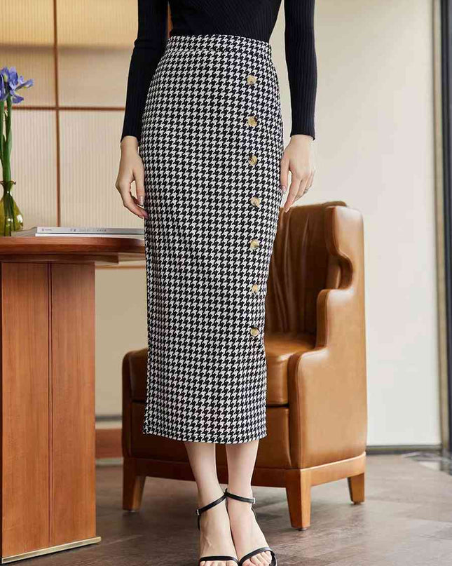 Houndstooth Decorative Button Slit Midi Skirt
