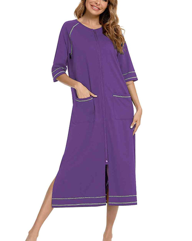 Zip Up Slit Round Neck Night Dress with Pockets