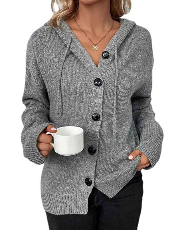 Button Up Drawstring Long Sleeve Hooded Cardigan