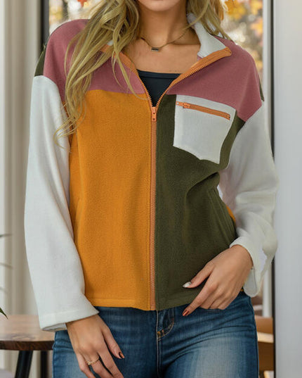 Color Block Zip-Up Long Sleeve Jacket