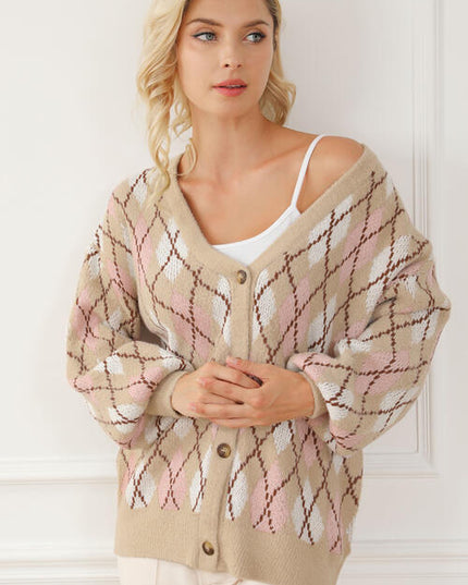 Button Up Geometric Dropped Shoulder Cardigan