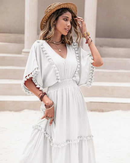 Tassel Trim Smocked V-Neck Short Sleeve Dress