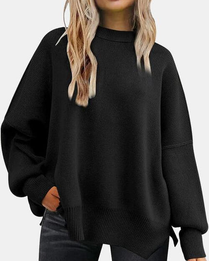 Round Neck Drop Shoulder Slit Sweater