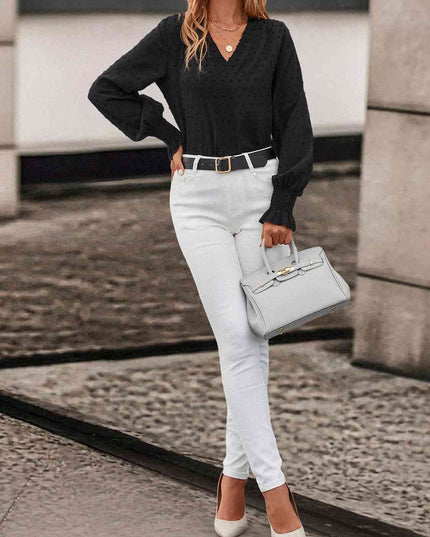 Swiss Dot V-NecK Lantern Sleeve Blouse