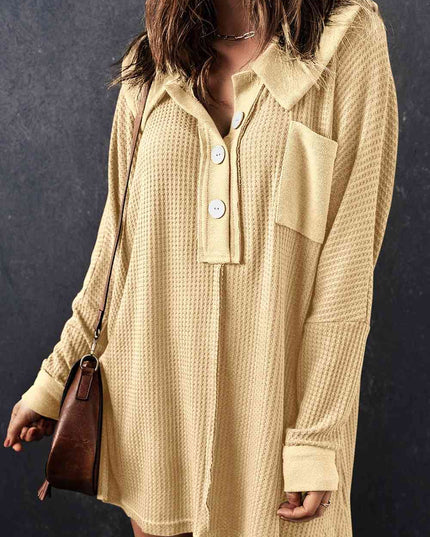 Waffle Knit Buttoned Long Sleeve Top with Breast Pocket