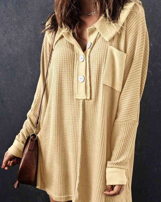 Waffle Knit Buttoned Long Sleeve Top with Breast Pocket