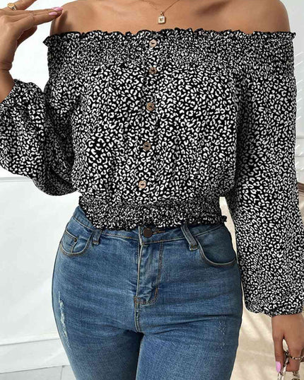 Leopard Print Frill Trim Off-Shoulder Top