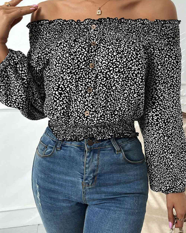 Leopard Print Frill Trim Off-Shoulder Top