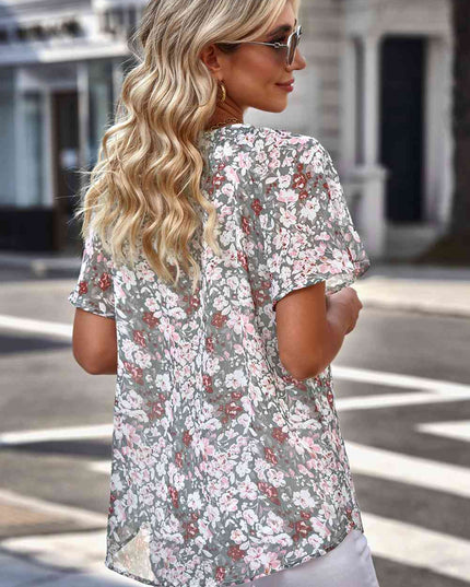 Floral Notched Neck Flutter Sleeve Blouse