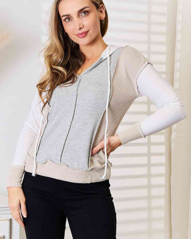 Double Take Color Block Exposed Seam Drawstring Hoodie