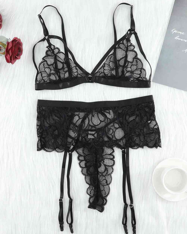 Strappy Three-Piece Lace Lingerie Set