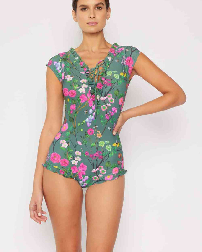 Marina West Swim Bring Me Flowers V-Neck One Piece Swimsuit In Sage
