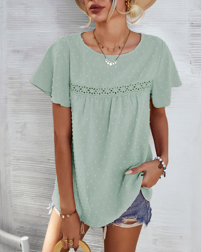 Swiss Dot Round Neck Flutter Sleeve Blouse