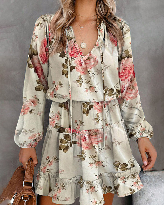 Printed Tie Neck Long Sleeve Dress