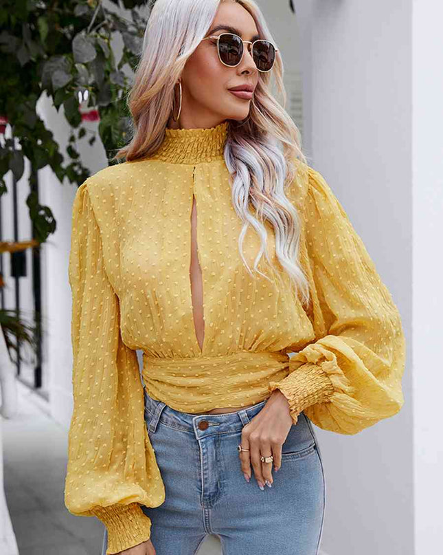 Swiss Dot Cutout Smocked Mock Neck Blouse