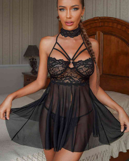 Lace Mesh Backless Babydoll Lingerie Set