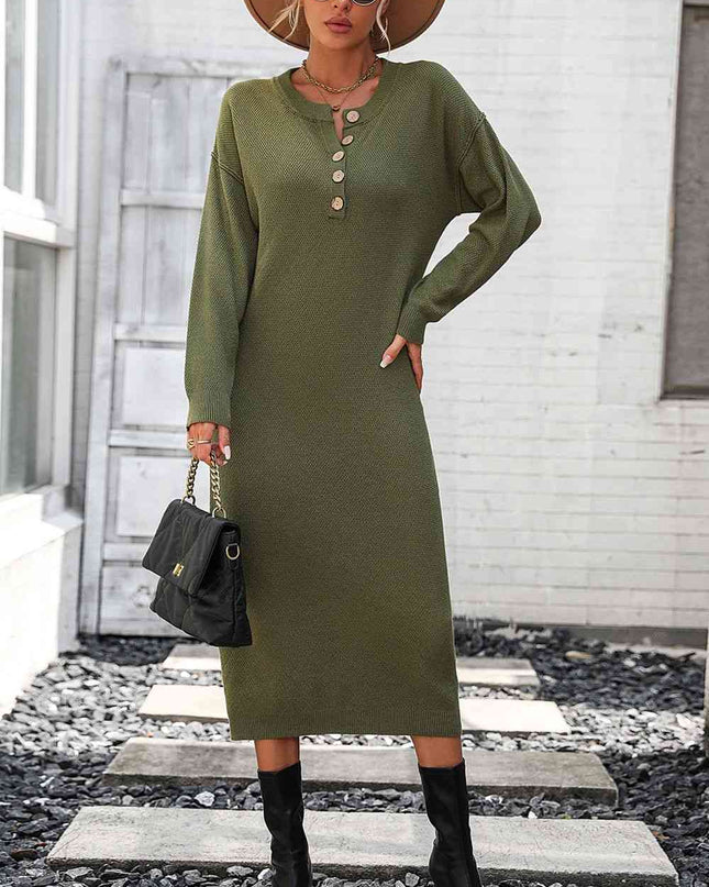 Notched Neck Dropped Shoulder Button-Down Midi Dress