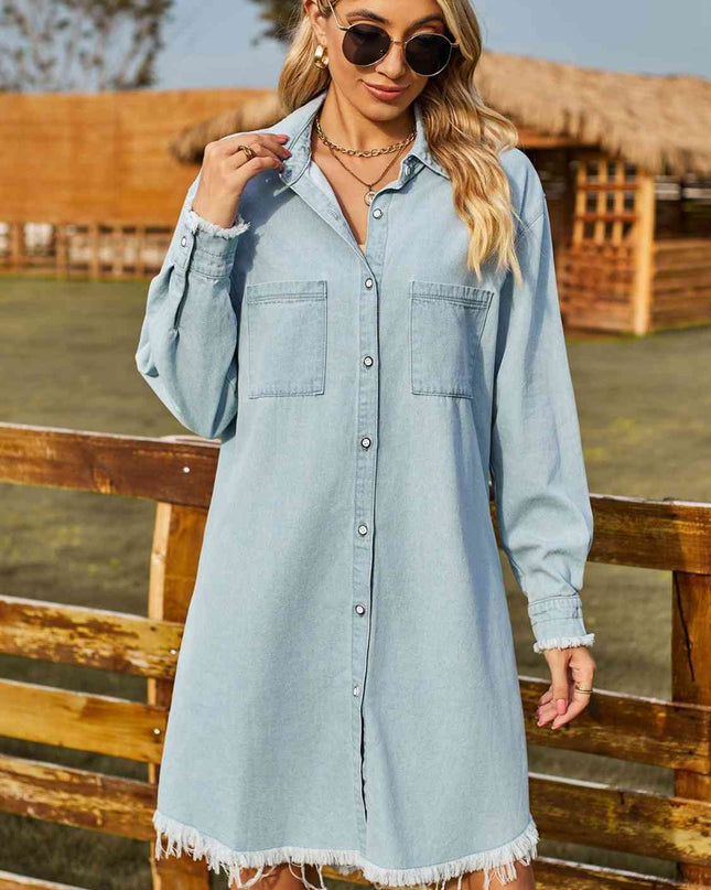 Button Up Collared Neck Raw Hem Denim Dress